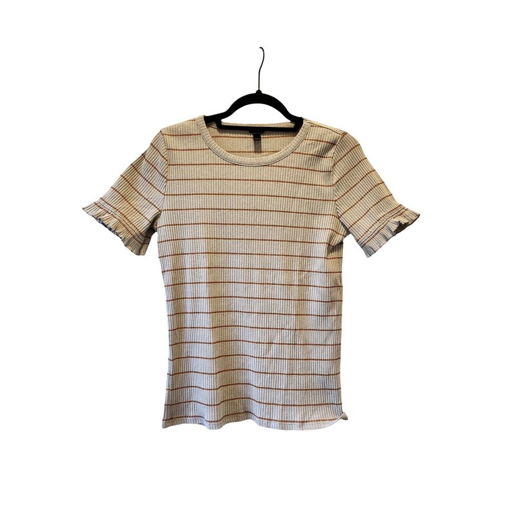 J. Crew Ribbed Striped Orange + Grey Top with Frilly Sleeves Size M